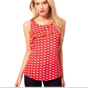 OASIS Lip Print Sleeveless Top/Blouse W Asymmetrical Ruffle Detail Red/White 6